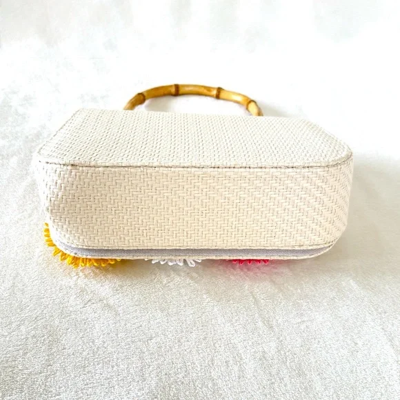 Haute Hippie Straw Bag w/ Colorful Floral Decoration & Bamboo Handle - Picture 9 of 9